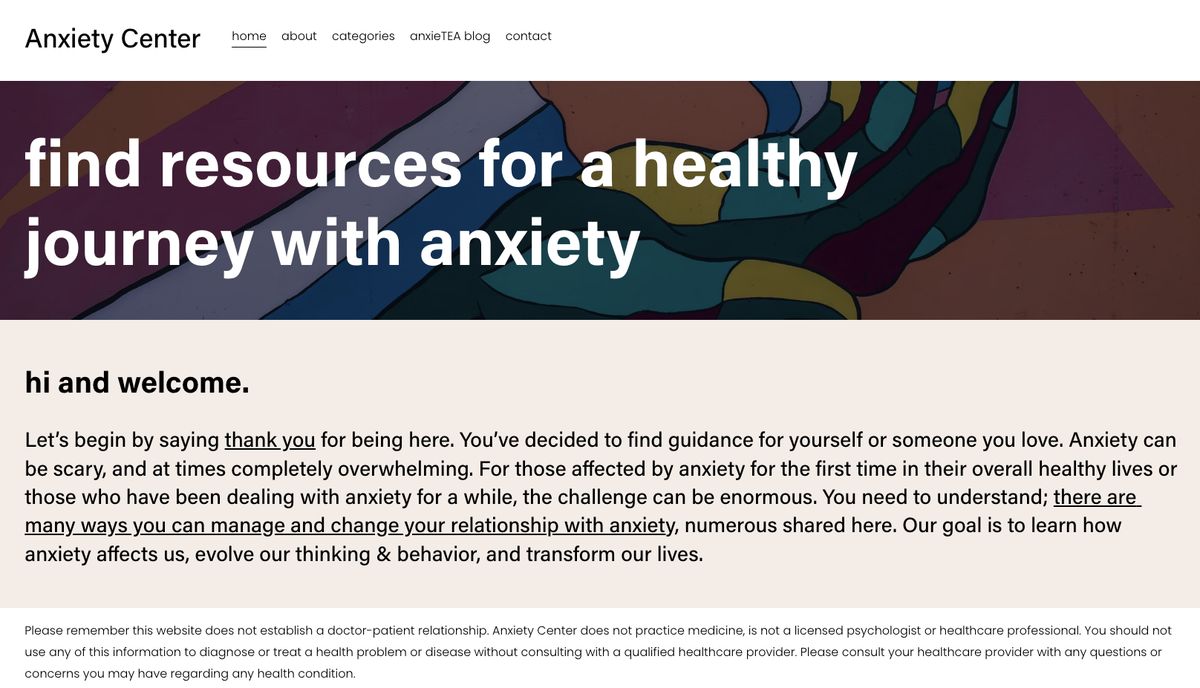 The Anxiety Center homepage: a painted mural banner with the headline find resources for a healthy journey with anxiety, above a welcome note.