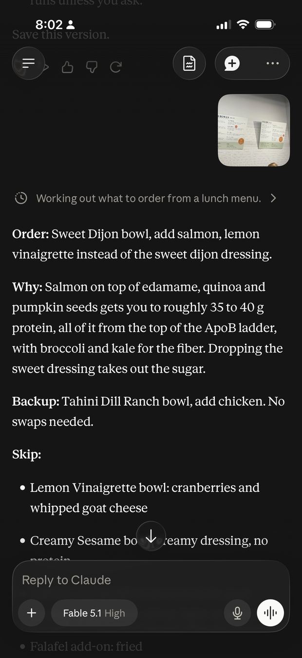 The agent reading a lunch menu photo and returning one order, one backup and a list of items to skip.