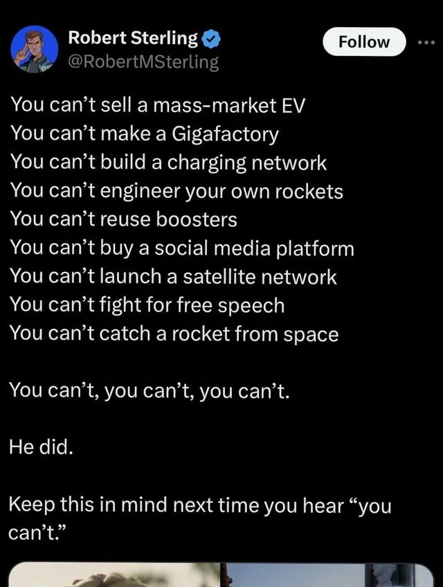 A post listing everything Elon Musk was told could not be done, ending: he did