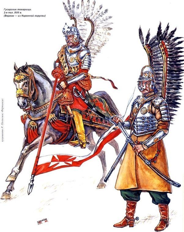 An illustration of two Polish winged hussars in armor, one on horseback with a lance