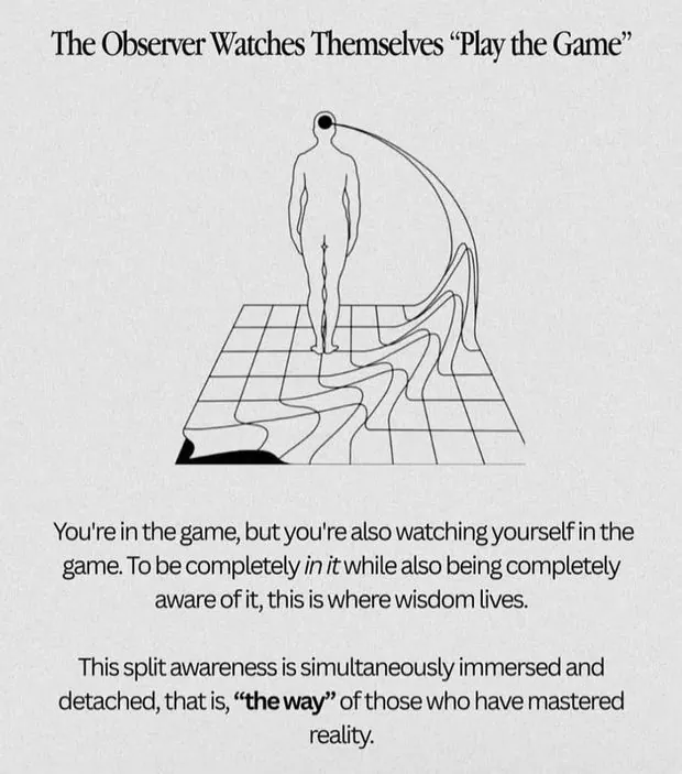 An illustration of a figure watching itself on a grid, captioned about split awareness