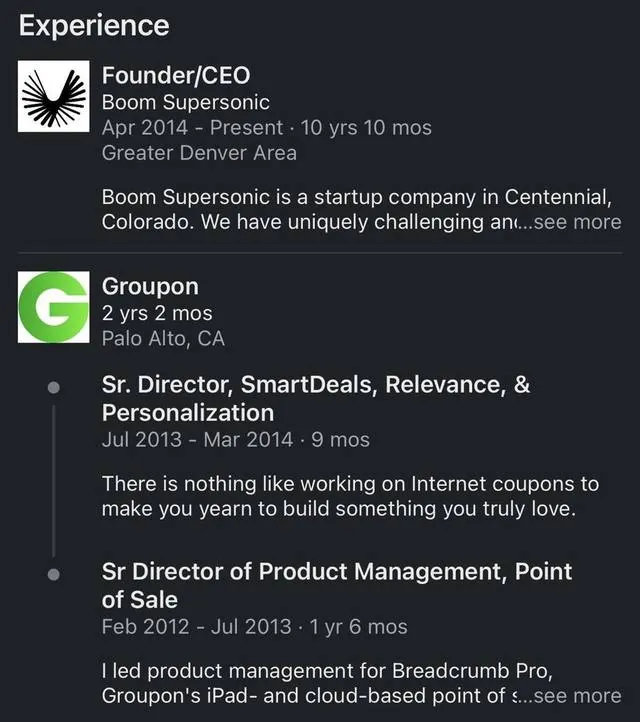 A LinkedIn profile showing Founder and CEO at Boom Supersonic